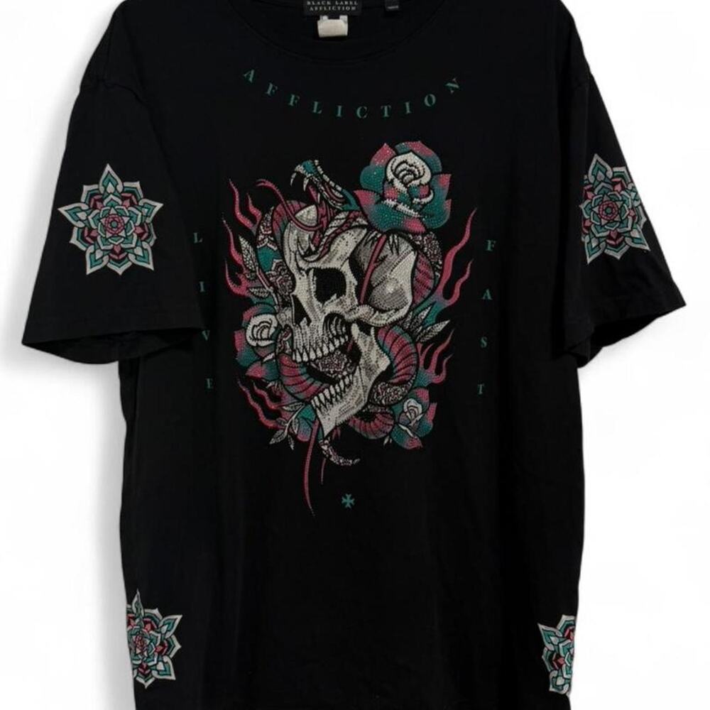Black Label Affliction black skull and roses tee bedazzled Size XL